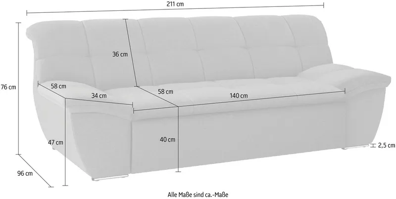 DOMO collection 2-Sitzer SPLASH Breite 211 cm, moderne Sitz- und Rückensteppung, komfortabel, flache Armlehnen zum Entspannen, Grau|weiß, – Produktbild 5 von 5