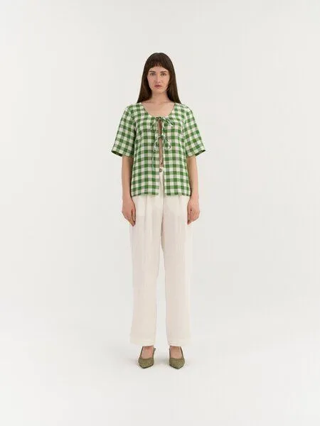 AmourLinen AmourLinen Leinen-Top mit Bindeknoten VIVIEN, Grünes gingham, – Produktbild 1 von 3