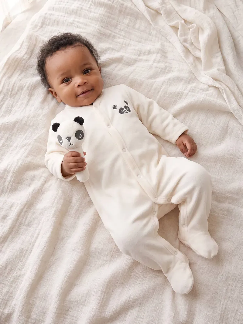 Vertbaudet Baby-Set PANDA Strampler und Rassel aus Samt, Wollweiß, – Produktbild 2 von 4