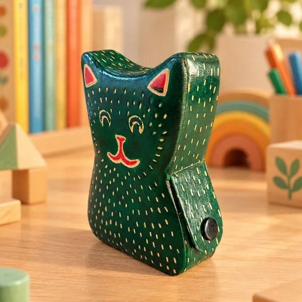 Janselo Katze Kinder-Spardose aus Shanti-Leder in Grün – Produktbild 2 von 4