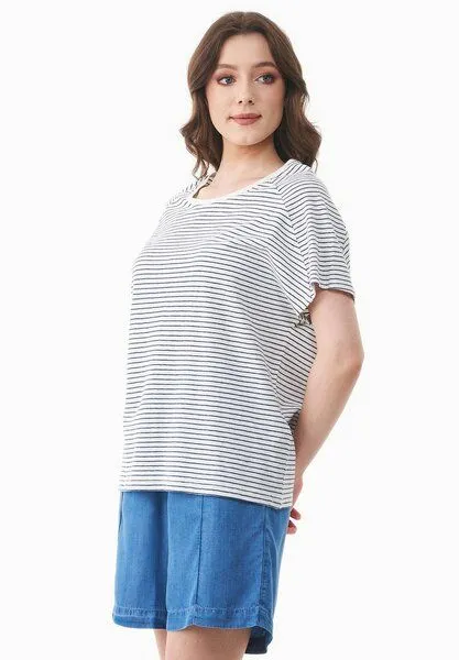 ORGANICATION ORGANICATION Gestreiftes T-Shirt aus Bio-Baumwolle und Leinen, Off white/navy, – Produktbild 4 von 4