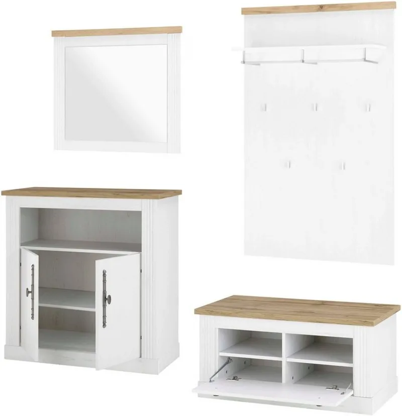 OTTO home Garderoben-Set Westminster, Garderobe im Landhausstil, Komplettset mit viel Stauraum, (4-St), enthält Schuhbank, Spiegel, Kommode und Paneel, 204 cm breit, Weiß, – Produktbild 3 von 5
