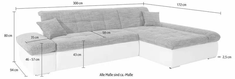 DOMO collection Ecksofa MORIC 300x172 cm, XXL-Sofa mit viel Platz, L-Form, auch in Cord, wahlweise mit Bettfunktion und Armteilverstellung, Beige|braun, – Produktbild 5 von 8