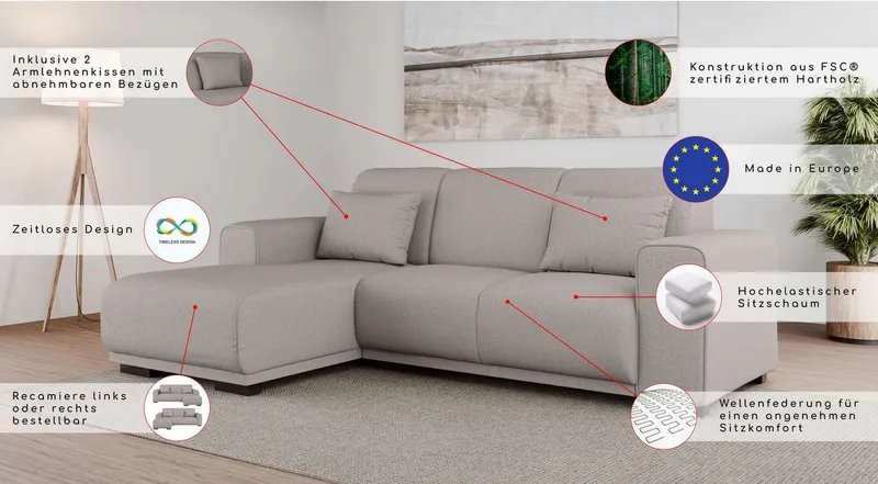 OTTO home Ecksofa BORNHOLM L-Form, B: 234 cm - OTTO. Verlässliche Qualität., Recamiere links oder rechts bestellbar, Wellenfederung, inkl. 2 Kissen, Braun, – Produktbild 8 von 8