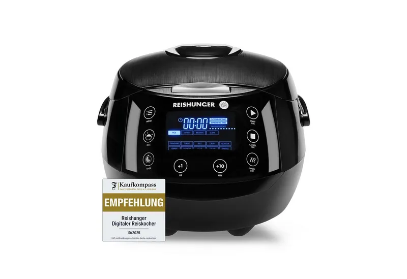 Reishunger Reishunger Reiskocher Digital – 1,5 L – Multikocher – 12 Programme – Keramikbeschichtung, 860 W, Timer- und Warmhaltefunktion, 7-Kochphasen-Technologie, LED-Display, Schwarz, – Produktbild 1 von 6