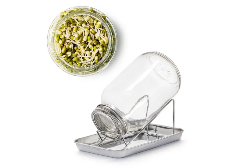 BigDean Anzuchttopf Sprossenglas Keimglas 1000ml mit Edelstahl-Gitterdeckel + Ständer (Set, 1 St., Sprossengläser), Sprossenglas, Leichte Anwendung, Gesunde Ernährung, Einfache Reinigung, Silberfarben|weiß, – Produktbild 1 von 5