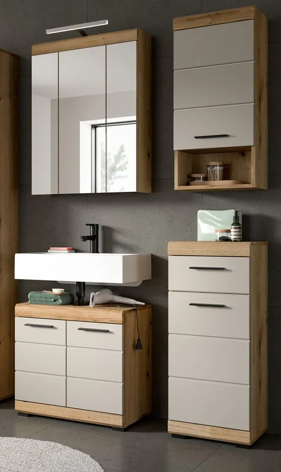 Inn.Furn Badkommode Shawn (Badschrank in Eiche und Sand / Kaschmir, 37 x 88 cm), mit Vollauzug, Beige, – Produktbild 5 von 5