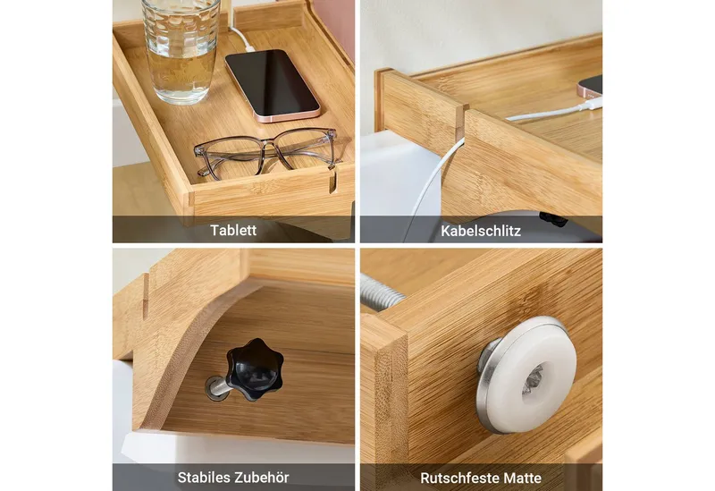 SoBuy Nachttisch NKD01, Klemmregal fürs Bett mit Kabelführung, Bambus, Bettablage mit Kabelführung Regal für Mobiltelefon Fernbedienung, Beige, – Produktbild 5 von 5