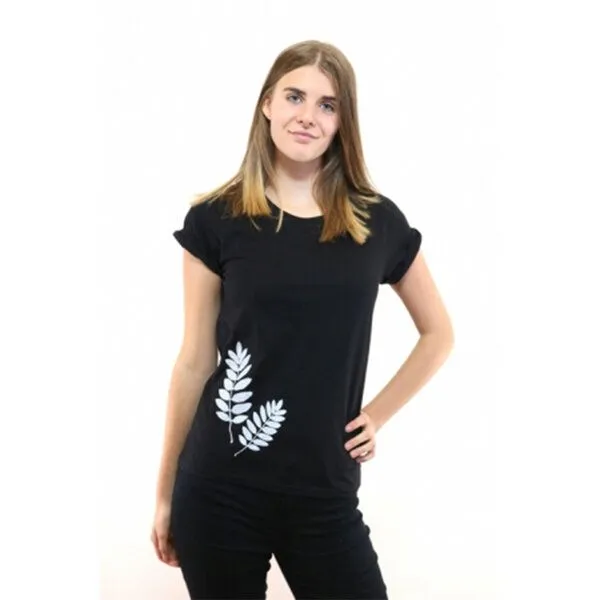 Spangeltangel Spangeltangel Damenshirt "Vogelbeerblätter", T-Shirt, gedrucktes florales Motiv, für Frauen, Schwarz, – Produktbild 1 von 4