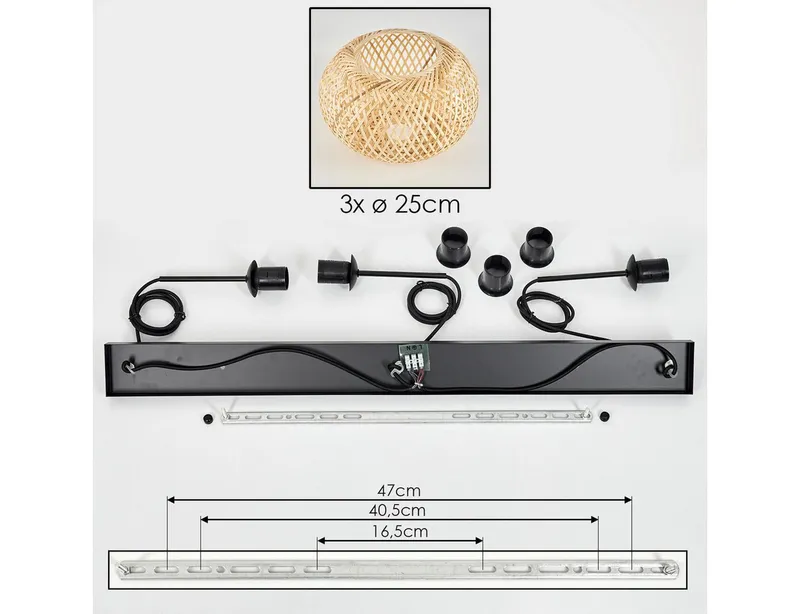 hofstein Hängeleuchte moderne Pendellampe aus Metall/Bambus in Schwarz/Natur, ohne Leuchtmittel, Gitterschirm Leuchte (25cm), Lichteffekt, 3 x E27, ohne Leuchtmittel, Beige|schwarz, – Produktbild 5 von 5