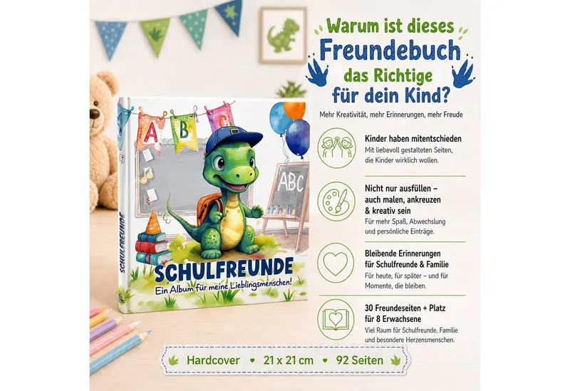 TOBJA Poesiealbum Freundebuch Grundschule Dino 21x21 cm - 30 Freunde, 8 Erwachsene, Dino-Motiv, 92 Seiten, 30 Doppelseiten, FSC®-Papier – Produktbild 2 von 5