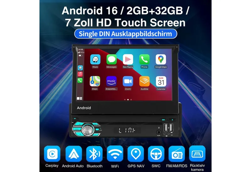 ESSGOO DAB+ 4+64G 1 DIN 7'' Flip Out Android 15/16 Carplay Autoradio GPS WIFI Autoradio (RDS, 4+64GB(optional), Digitalradio (DAB), FM, GPS, WIFI, Apple Carplay Android Auto GPS Navi WIFI BT EQ), Schwarz, – Produktbild 1 von 4