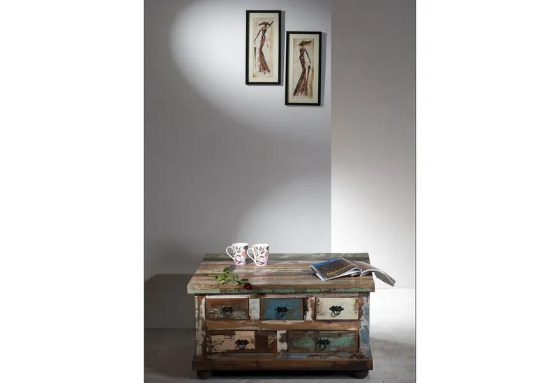 SIT Couchtisch Larnaka aus Altholz mit 5 Schubladen & 1 Klappe, Aus Holz alter Fischerboote gefertigt – individueller Vintage-Look, Bunt, – Produktbild 5 von 5