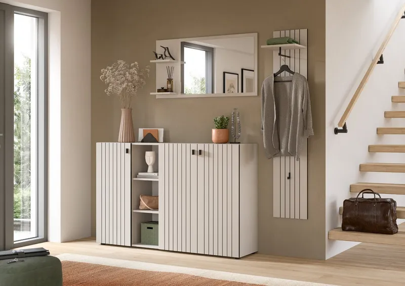 Inn.Furn Garderoben-Set Loreno, (Flurgarderobe in Kaschmir / Sand mit Schwarz, Set 3-teilig, 195 x 192 cm), mit großer Schuhkommode, Beige, – Produktbild 3 von 5