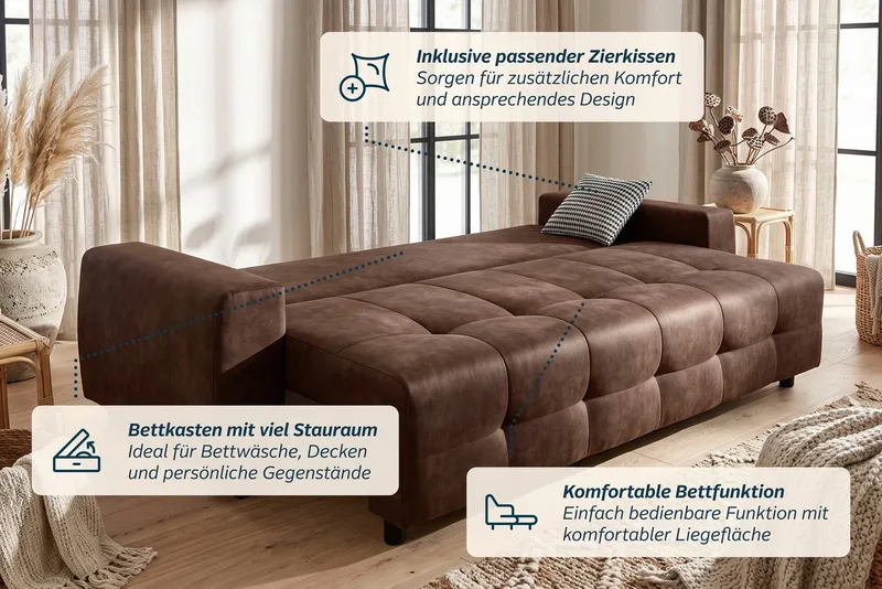 OTTO home Schlafsofa Bella B: 241 cm, Liegefl. 142x194 cm mit Bettkasten & Zierkissen, Schlafcouch mit Gästebett, 2 Zierkissen inklusive, frei stellbar, Braun, – Produktbild 4 von 6