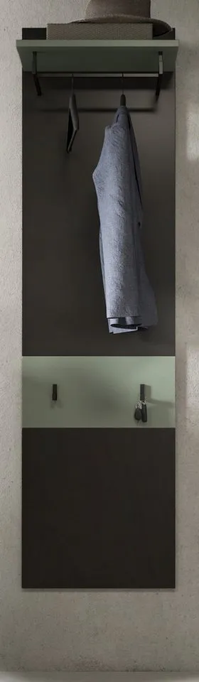 Inn.Furn Garderobenpaneel Cooper (Wandgarderobe in Basalt Grau mit Salbei Grün, 45 x 165 cm), mit Ablage, Kleiderstange und 4 Kleiderhaken, Grau, – Produktbild 3 von 5