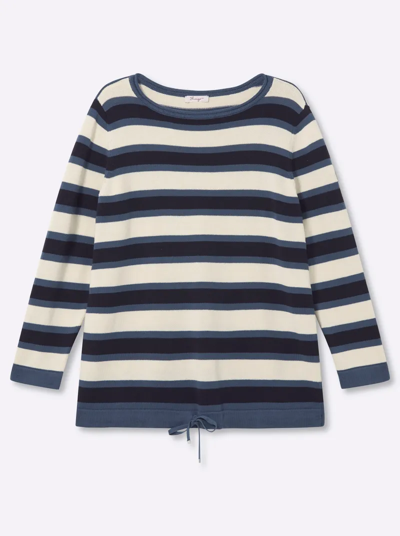 sheego Strickpullover tiefblau-ecru-geringelt, Tiefblau-ecru-geringelt, – Produktbild 1 von 2