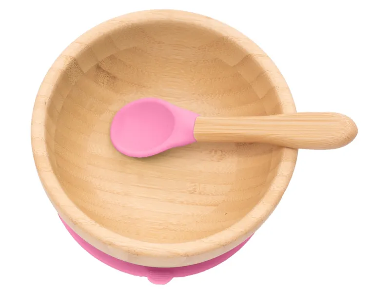 Bambuskind Bambuskind Kindergeschirr Schüssel mit Löffel und Saugnapf, aus Bambus Durchmesser 14 cm, 4,5 cm tief, Natur, lila, – Produktbild 2 von 3