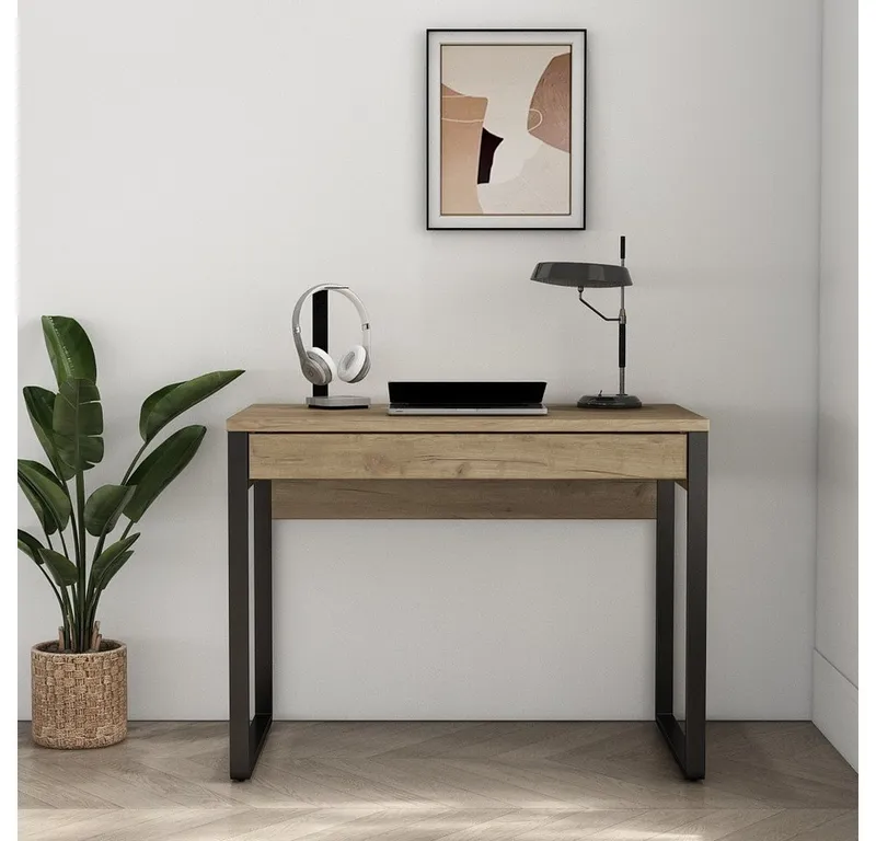 OTTO home Schreibtisch Moid, Computertisch im modernen Design, Breite 120/140/160 cm, mit Metallbeinen & Schublade, Beige|schwarz, – Produktbild 7 von 8