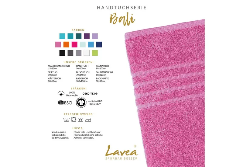Lavea Waschhandschuh Bali Waschlappen 16x22 cm, Waschhandschuhe, kleine Handtücher, Weiches Bio-Baumwollfrottee (Set, 2-St), Gesichtshandtücher, GOTS-zertifiziert, extra saugstark mit 500g/m², Rosa, – Produktbild 2 von 4