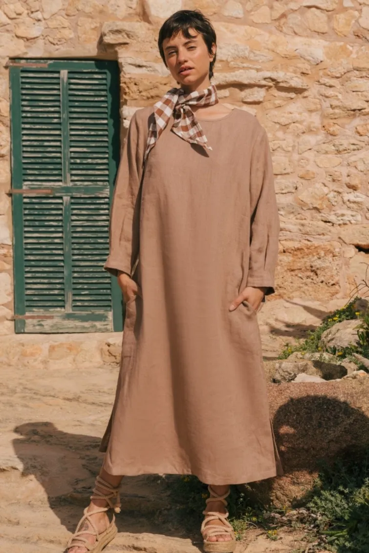 AmourLinen AmourLinen Damen vegan Kleid Amalia Lang Rosenholz, Hellbraun, – Produktbild 2 von 2