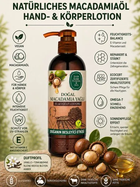 Eyüp Sabri Tuncer Eyüp Sabri Tuncer Vegan Hand & Körper Lotion mit Vitamin E für alle Hauttypen, mit natürlichem Macadamiaöl – Produktbild 2 von 4