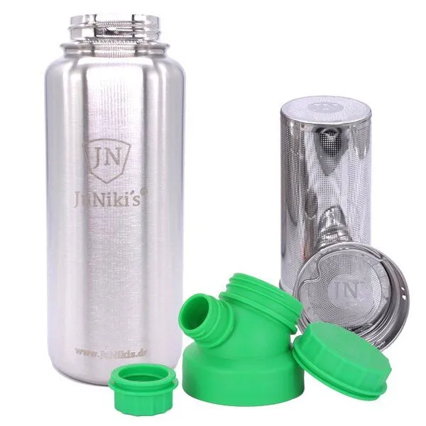 JN JuNiki's JN JuNiki's isolierte Edelstahl Trinkflasche 1 Liter + Teefilter, Grün, – Produktbild 1 von 4