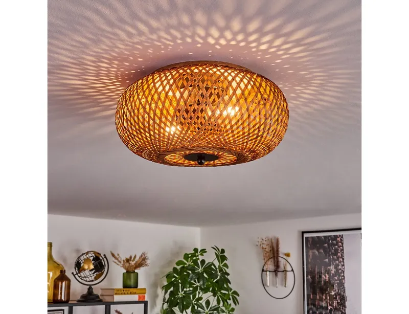 hofstein Deckenleuchte moderne Deckenlampe aus Metall/Bambus/Holz in Schwarz/Natur, ohne Leuchtmittel, Boho-Design Deckenleuchte,Lichteffekt, Ø30cm, 2xE27, ohne Leuchtmittel, Beige|schwarz, – Produktbild 1 von 5
