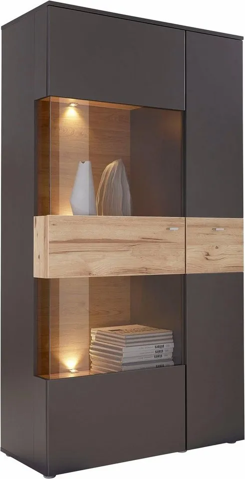 FORTE Vitrine Como Highboard, LED Beleuchtung Einlegeböden, Glastüre, Soft Close, Grau, – Produktbild 5 von 8