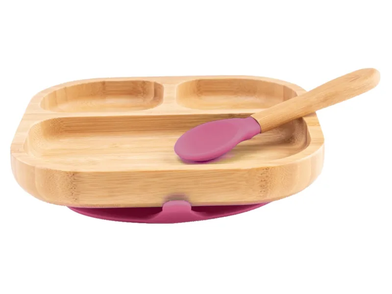 Bambuskind Bambuskind Kindergeschirr Teller mit Löffel und Saugnapf, aus Bambus Durchmesser 16 cm, 1,5 cm tief, Natur, lila, – Produktbild 2 von 2