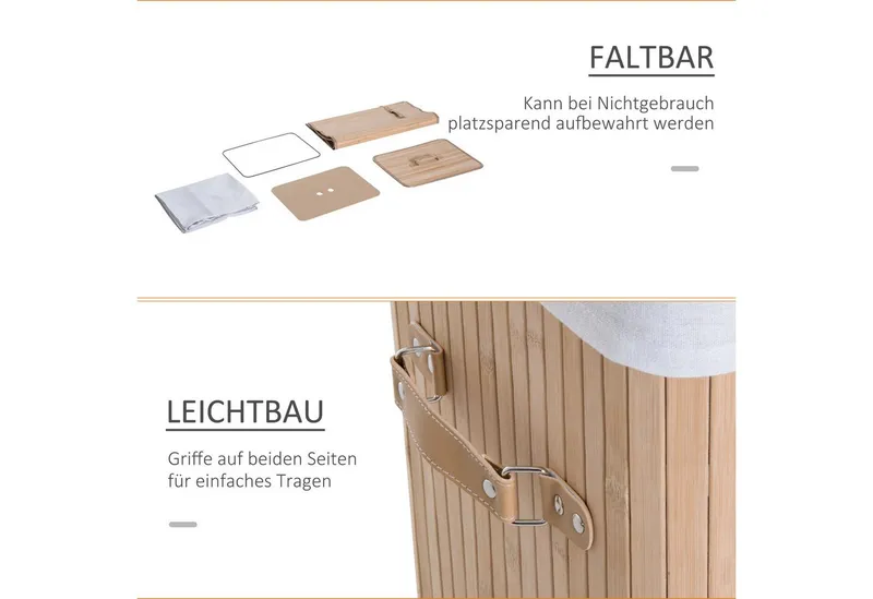 HOMCOM HOMCOM Wäschekorb schmal Wäschesammler mit Griff, für Schlafzimmer & Bad, natur (Wäschekorb, 1 St., Wäschebox), Bambus, faltbar, 72L, Natur, 40 x 30 x 60 cm, Beige, – Produktbild 4 von 5