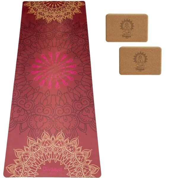 Divasya Divasya Yoga Starter-Set: Yogamatte mit Schutzhülle & 2 Blöcken, Mandala samtrot, – Produktbild 1 von 4