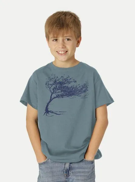 Peaces.bio - handbedruckte Biomode Peaces.bio - handbedruckte Biomode Bio-Kinder T-Shirt Windy Tree, Blaugrün, – Produktbild 2 von 2