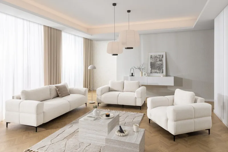 S-Style Möbel Polstergarnitur 3+2+1 Cardea in Bubble-Optik aus weichem Strukturstoff, mit Wellenfederung und hohem Sitzkomfort, Beige, – Produktbild 2 von 5