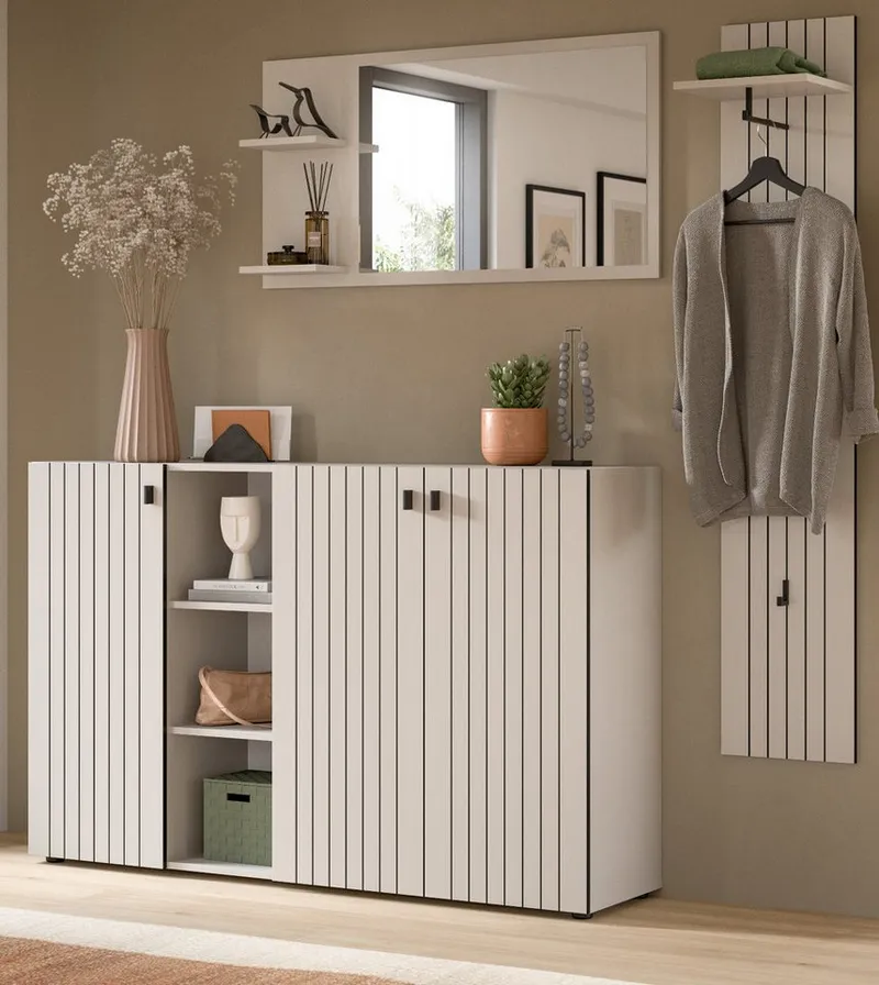 Inn.Furn Garderoben-Set Loreno, (Flurgarderobe in Kaschmir / Sand mit Schwarz, Set 3-teilig, 195 x 192 cm), mit großer Schuhkommode, Beige, – Produktbild 2 von 5