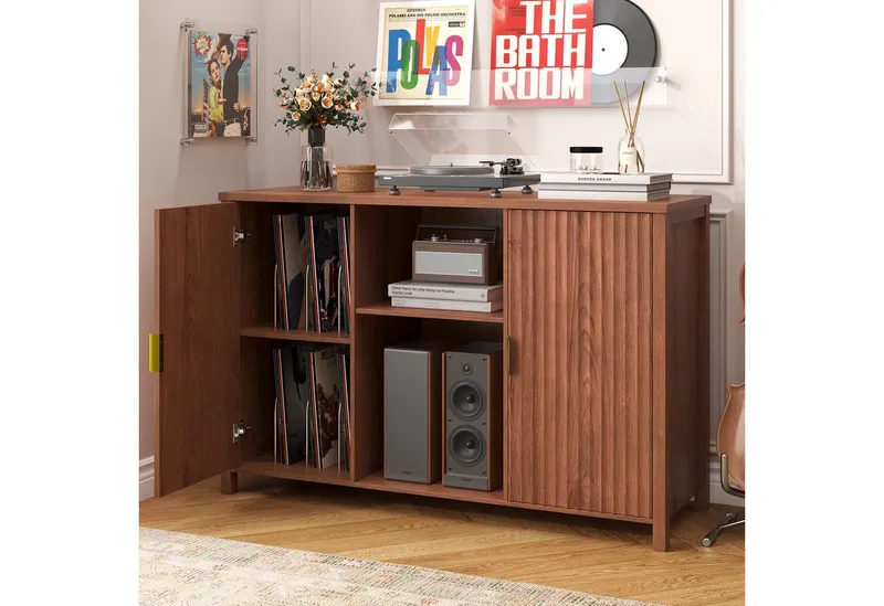 BROTTAR Sideboard Plattenspieler-Schrank, Vinylregal mit offenen Fächern, Rillentüren (1 St), mit Schallplattenaufbewahrung, Braun, – Produktbild 1 von 5