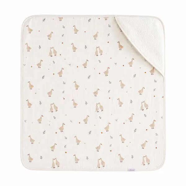 Bebekevi Bebekevi Baby Kapuzenbadetuch 75 × 75 cm aus Musselin & Frottee | Weiche Musselin-Innenseite | inkl. Waschhandschuh | Gemustert, Naturweiß ente, – Produktbild 1 von 4