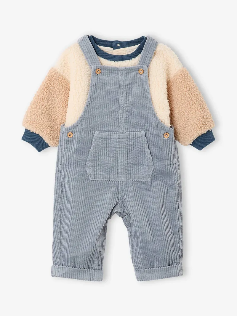 Vertbaudet Vertbaudet Baby-Set aus Teddyfleece-Pullover und Cord-Latzhose, Graublau, – Produktbild 3 von 4