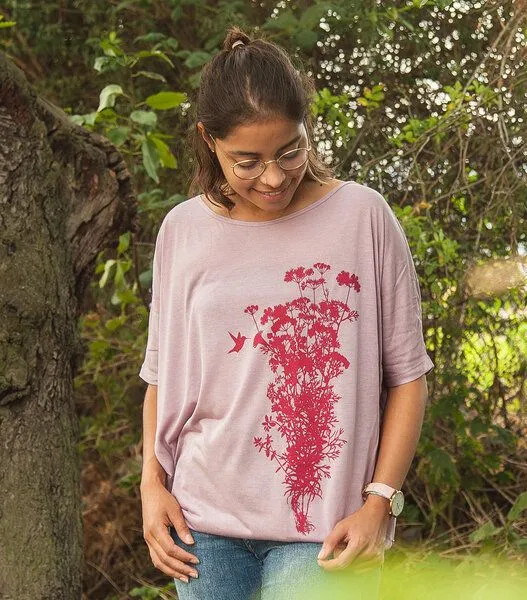 päfjes päfjes Pflanzen Kolibri - Fair gehandeltes Kurzarm Flowshirt aus Modal, Rosa, – Produktbild 4 von 4