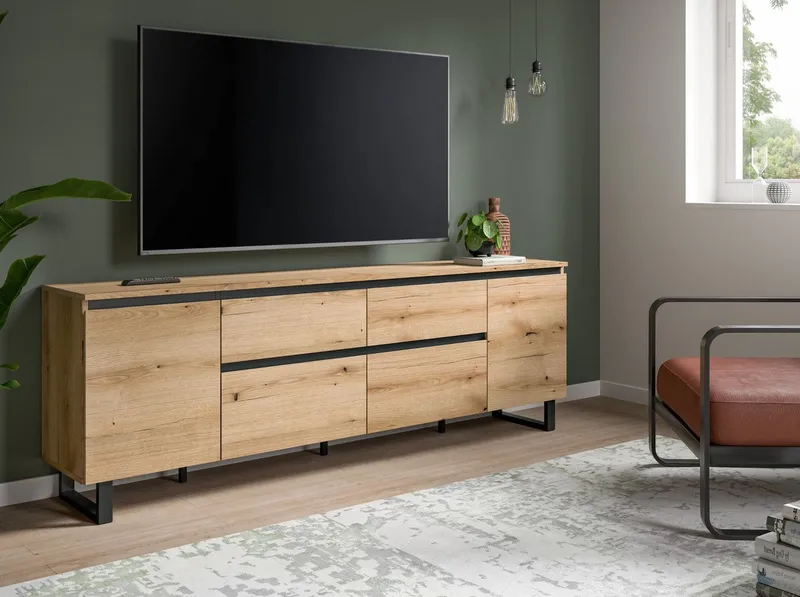 Inn.Furn Lowboard Gelia (TV Unterschrank in Evoke Eiche mit schwarz, Breite 188 cm, Komforthöhe), mit Vollauszug und Soft-Close-Funktion, Beige, – Produktbild 2 von 5