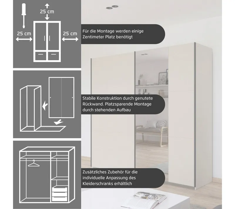 Rauch Rauch Schwebetürenschrank Kleiderschrank Drehtürenschrank Schrank Garderobe KRONACH (in 3 Ausstattungen BASIC/CLASSIC/PREMIUM, Breiten 131/175/218/261 cm) optional ohne, mit 1 oder 2 Spiegel, viel Stauraum MADE IN GERMANY, Grau, – Produktbild 7 von 8
