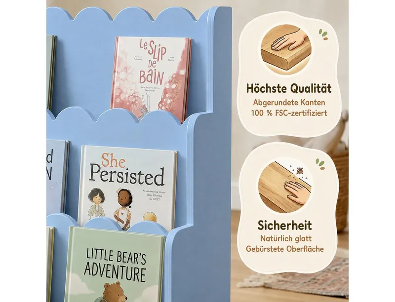 Smartwood Kinderregal Montessori, Bücherregal Kinder, FSC-Kiefernholz, Blau, LULU, Blau, – Produktbild 4 von 5