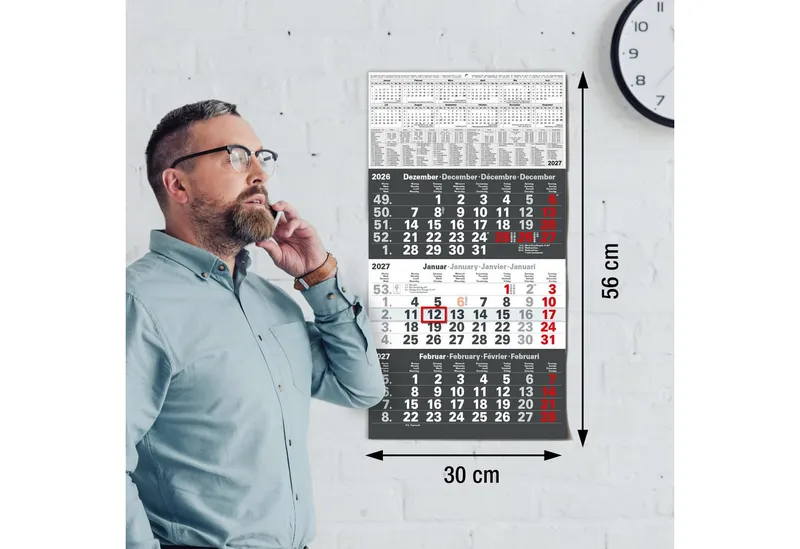 TOBJA Wandkalender 3 Monatskalender 2027 Anthrazit mit Datumsschieber 30x56 FSC, Anthrazit, Datumsschieber, Schulferien DE+AT, 4-sprachig, FSC, Schwarz, – Produktbild 3 von 5