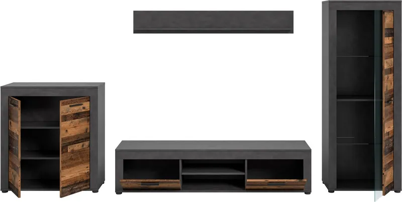 OTTO home Wohnwand AOSTA, Breite 330cm, 4-teilige Wohn-Kombination, (4-St., bestehend aus: Highboard, Lowboard, Wandboard, Vitrine), Wohnwand, Kombination, Anbauwand, Möbel Set, Schrankwand, Möbel Kombi, Grau, – Produktbild 5 von 5