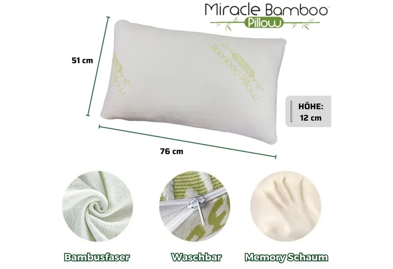Venteo Naturfaserkopfkissen MIRACLE Bamboo Pillow mit Bambusfaserbezug, Füllung: viskoelastischer Schaum, Bezug: Bambusfaser, Spar-Set, 1er oder 2er Set, für Allergiker geeignet, Temperaturregulierend, Weiß, – Produktbild 2 von 5