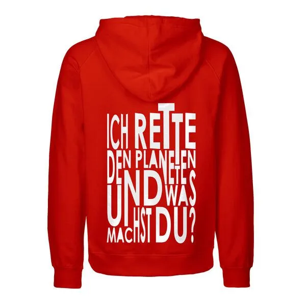 HANDGEDRUCKT HANDGEDRUCKT "Weltretten" Männer Hoody aus reiner Biobaumwolle (kbA), Red, – Produktbild 1 von 2