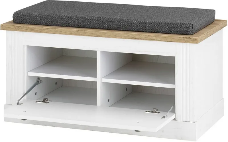 OTTO home Sitzbank Westminster, Schuhbank mit Sitzkissen, Garderobenbank im Landhausstil, Metallgriffe, in 2 Farben erhältlich, Platz für 8 Schuhe, 92 cm breit, Weiß, – Produktbild 4 von 5