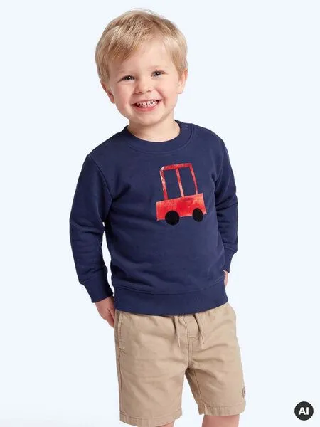MelaDi Meladi Kinder Baby - Sweater aus Biobaumwolle - Rotes Auto auf Navy Blue, Blau, – Produktbild 5 von 6