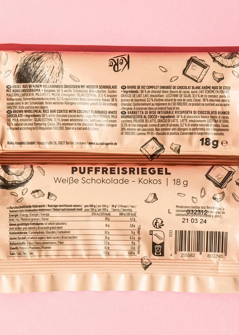 KoRo Puffreisriegel in weißer Schokolade mit Kokos 18 g – Produktbild 1 von 4