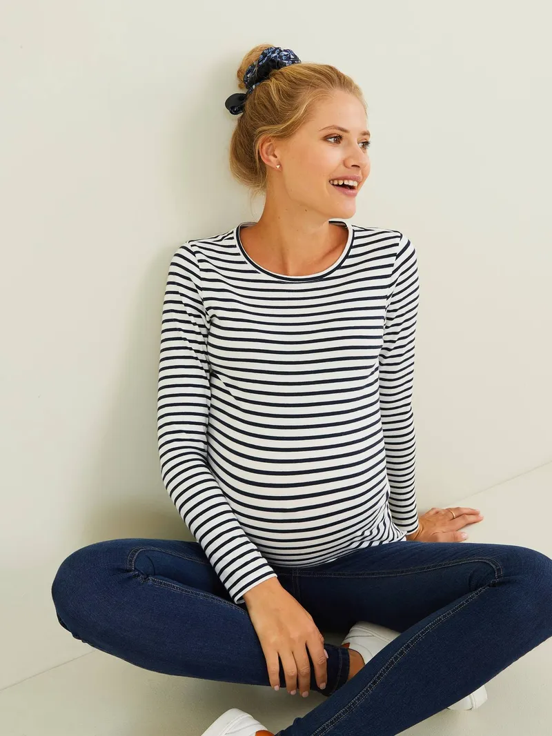 Vertbaudet Umstandsshirt BASIC, Wollweiß gestreift, – Produktbild 1 von 4